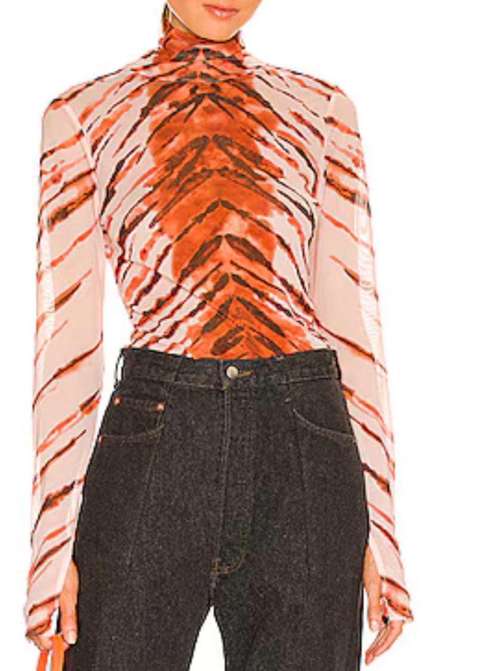 AFRM Sheer High-Neck Tiger-Stripe Bodysuit in Orange and White